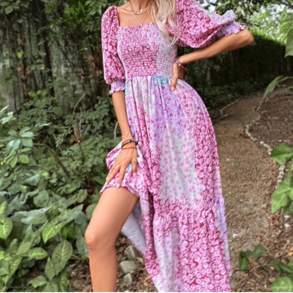 Boho floral print puff sleeve ruffle hem maxi dress - Picture 2 of 5